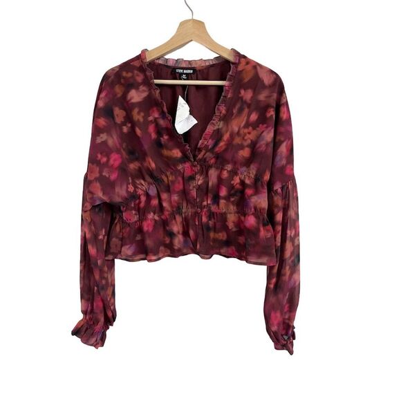 Steve Madden Women's Floral Chiffon Cropped Blouse V-Neck Long Sleeve M - Picture 2 of 6
